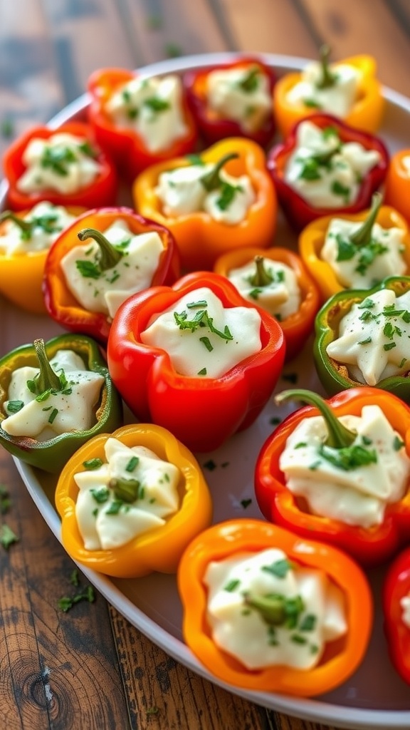 A vibrant assortment of mini sweet peppers filled with Boursin cheese, garnished with herbs on a wooden platter.